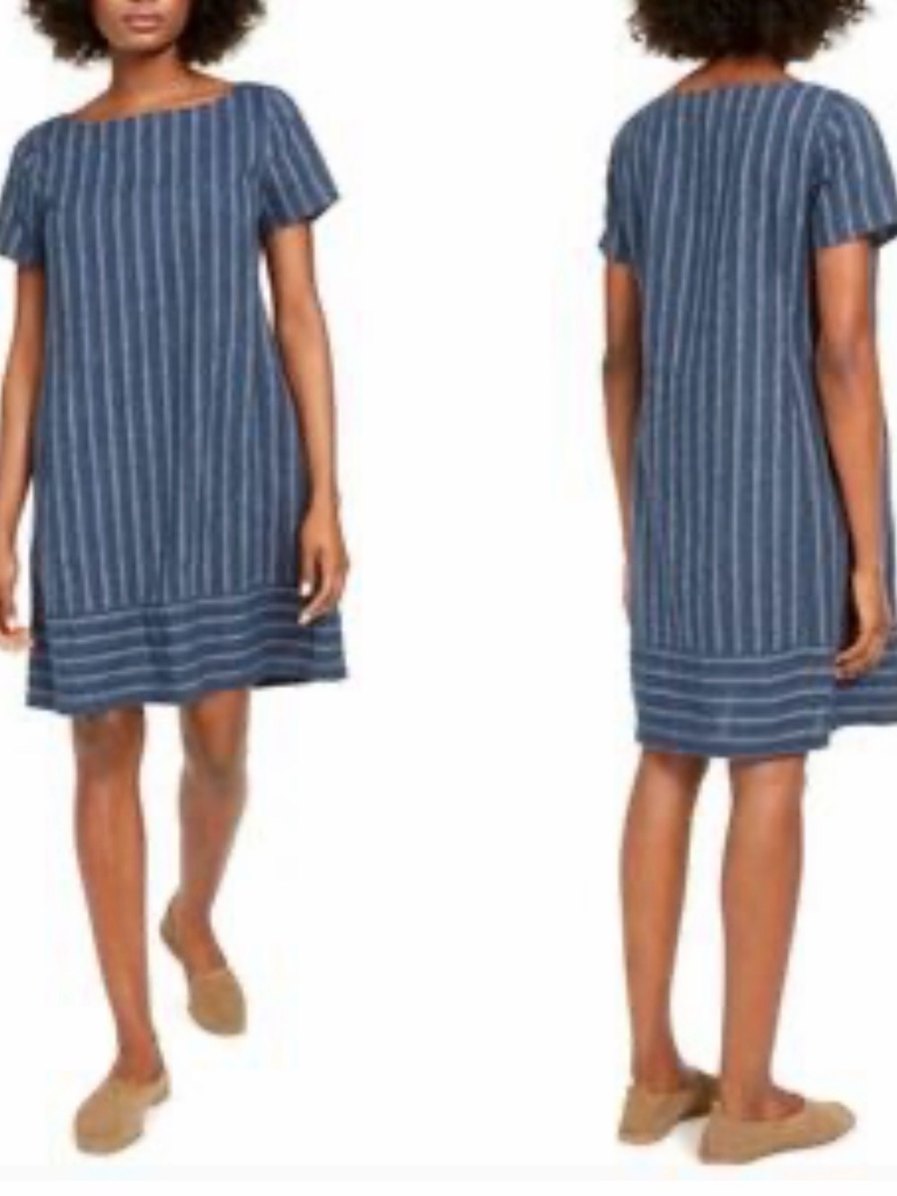 Eileen Fisher Navy and White Striped Short Sleeve Shift Dress